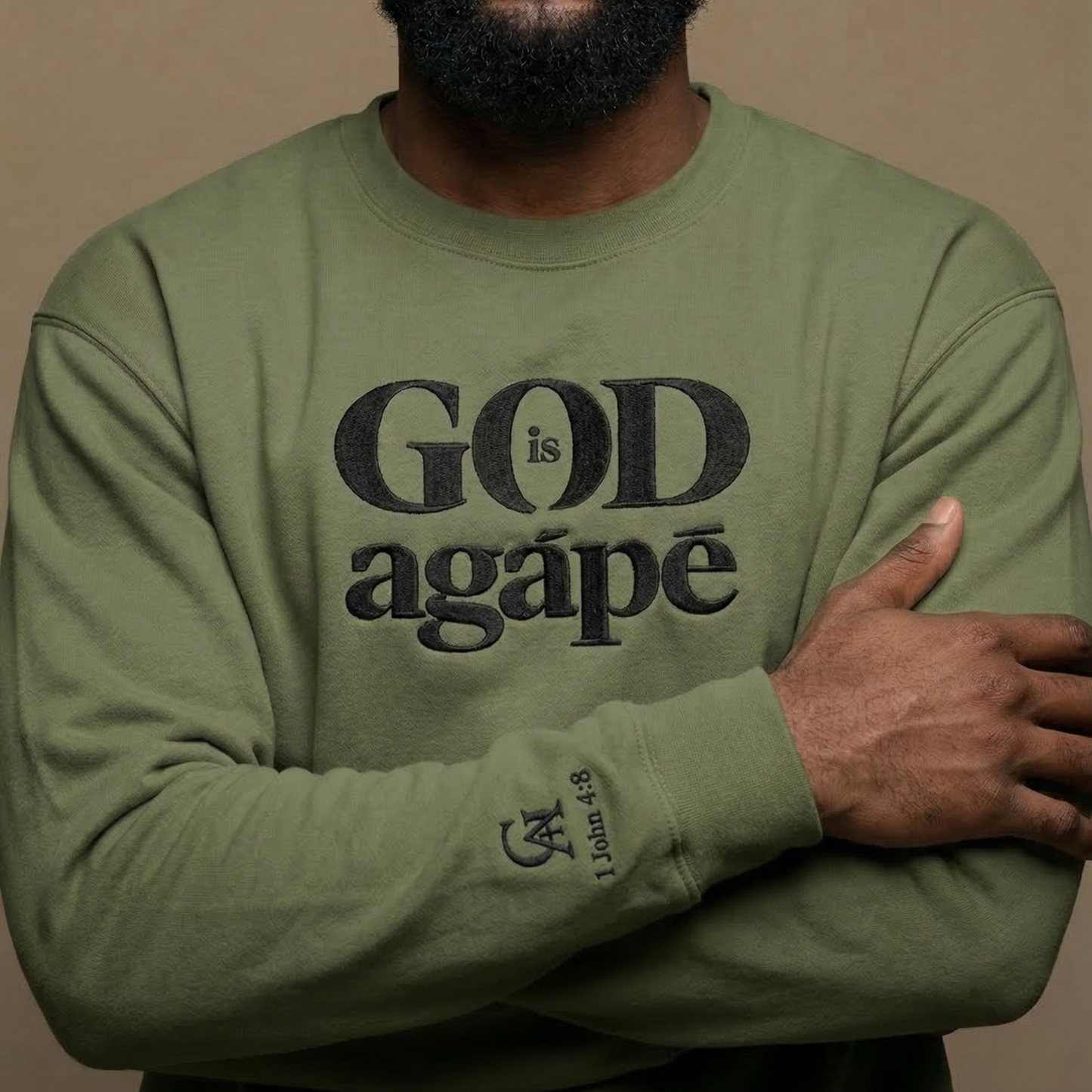 God Is Agápē — Embroidered Crewneck (Military Green)